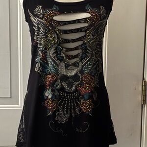 Black Studded Skull & Rose Tank Top | Cutout Front | Lace Back | Size Large